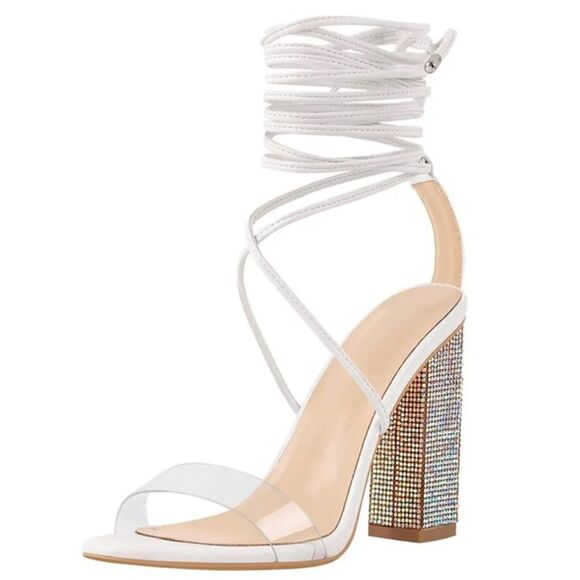 Rhinestones Block Heel Lace Up Ankle Wrap Sandals - Picture 16 of 16